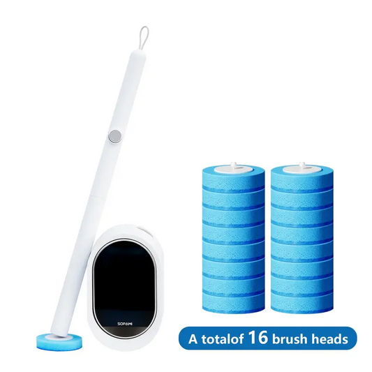 SOPAMI Wall Mount Disposable Toilet Brush Kit with 16/32 Replaceable Brush Heads Rotating Universal Brush Head All Round Deep Clean Toilet Bowl Gap Odor Reducing Mess-Free Small Bathroom Supply