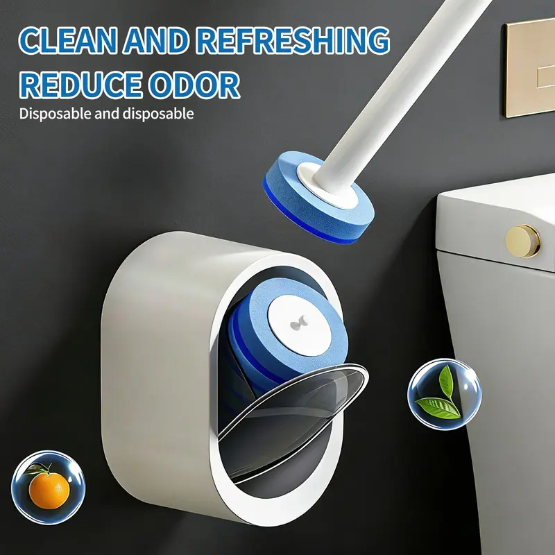 SOPAMI Wall Mount Disposable Toilet Brush Kit with 16/32 Replaceable Brush Heads Rotating Universal Brush Head All Round Deep Clean Toilet Bowl Gap Odor Reducing Mess-Free Small Bathroom Supply